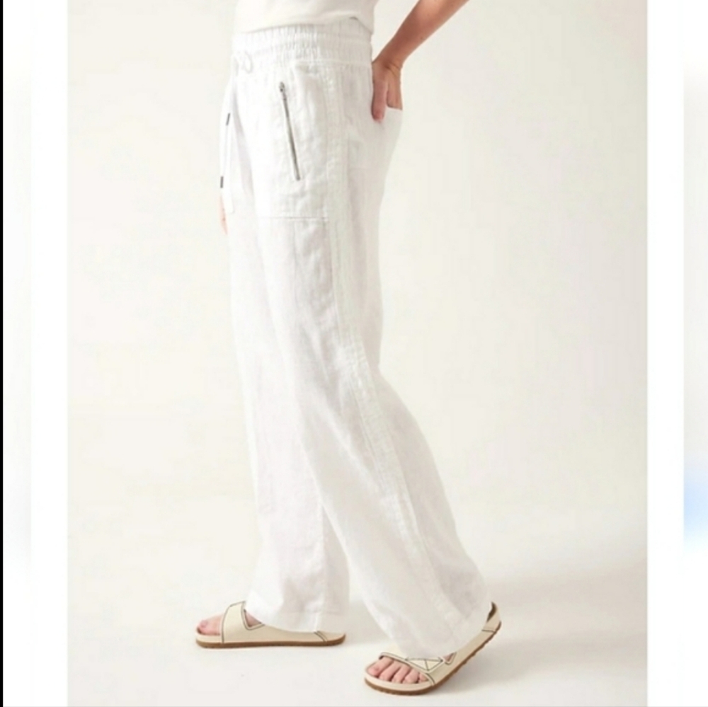 Athleta Cabo 100% Linen Wide Leg Pant White Activewear Elastic Tie Waist Size 8 - Picture 8 of 17